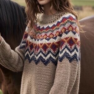 J Jill Fair Isle Southwest Nordic Knit Chunky Cozy brown pullover sweater size M